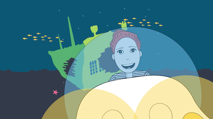 animated still of a man in an underwater craft