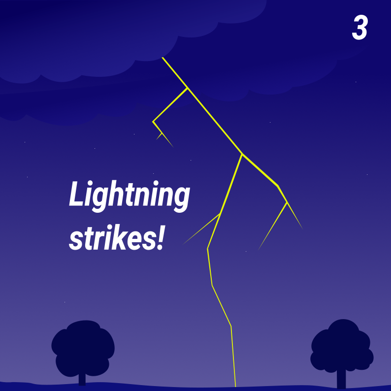 A bolt of yellow lightning strikes, connecting the ground to a purple sky